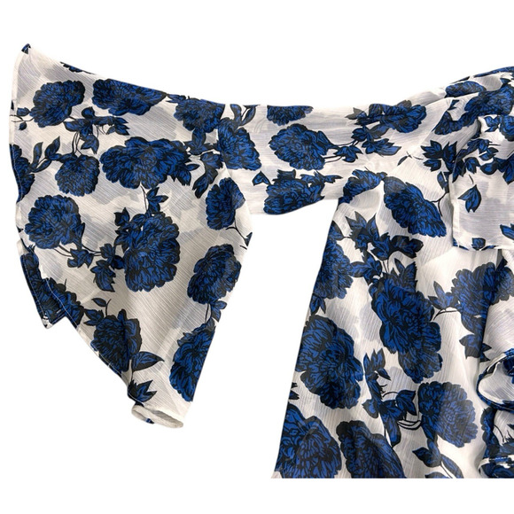 Curations Blue Floral Blouse Sz XS Bell Sleeve V-Neck Top Lined Layered Tank - Picture 4 of 8